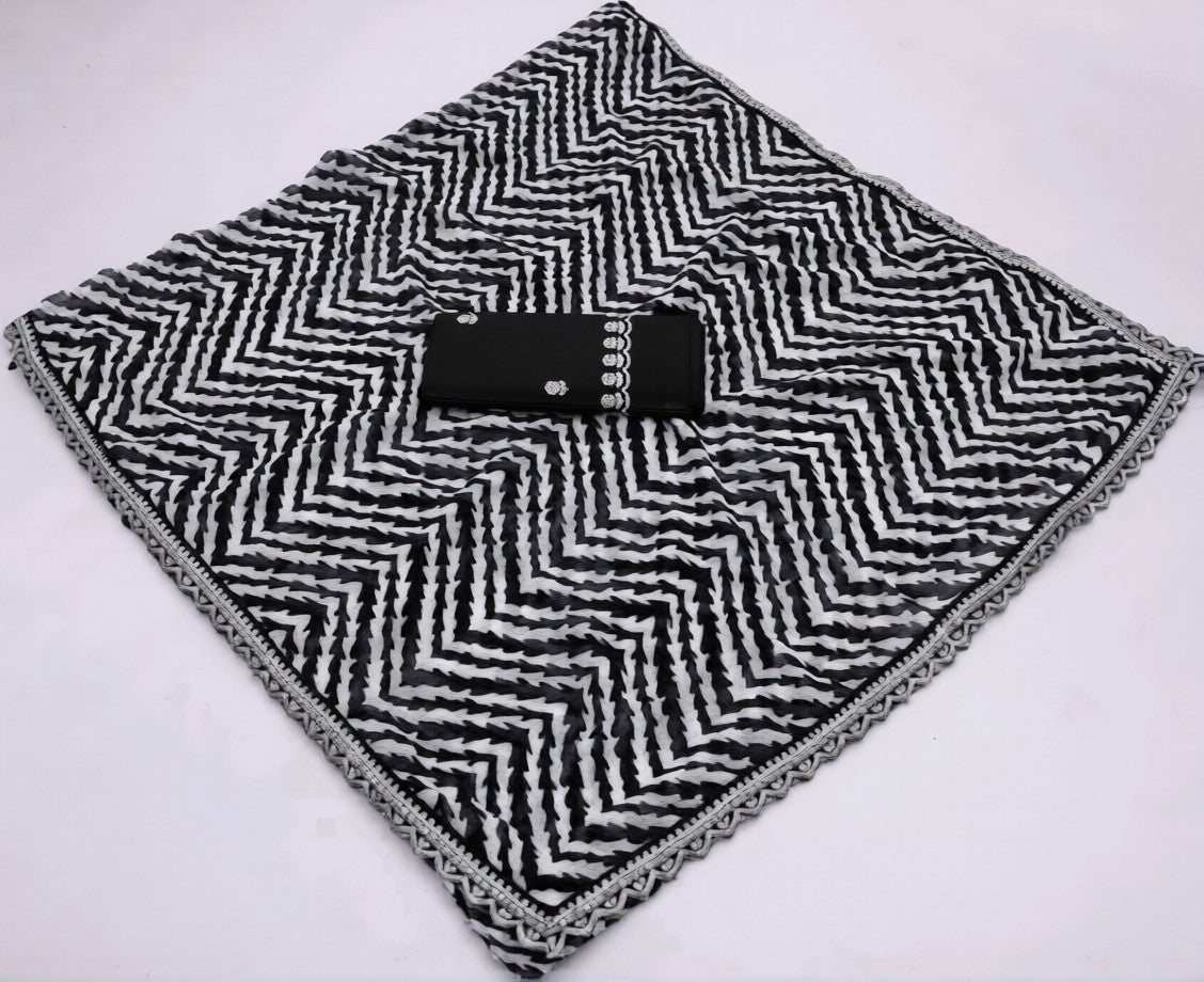 HerLuxe Chevron Print Chiffon Saree with Designer Lace Border