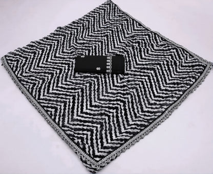 HerLuxe Chevron Print Chiffon Saree with Designer Lace Border