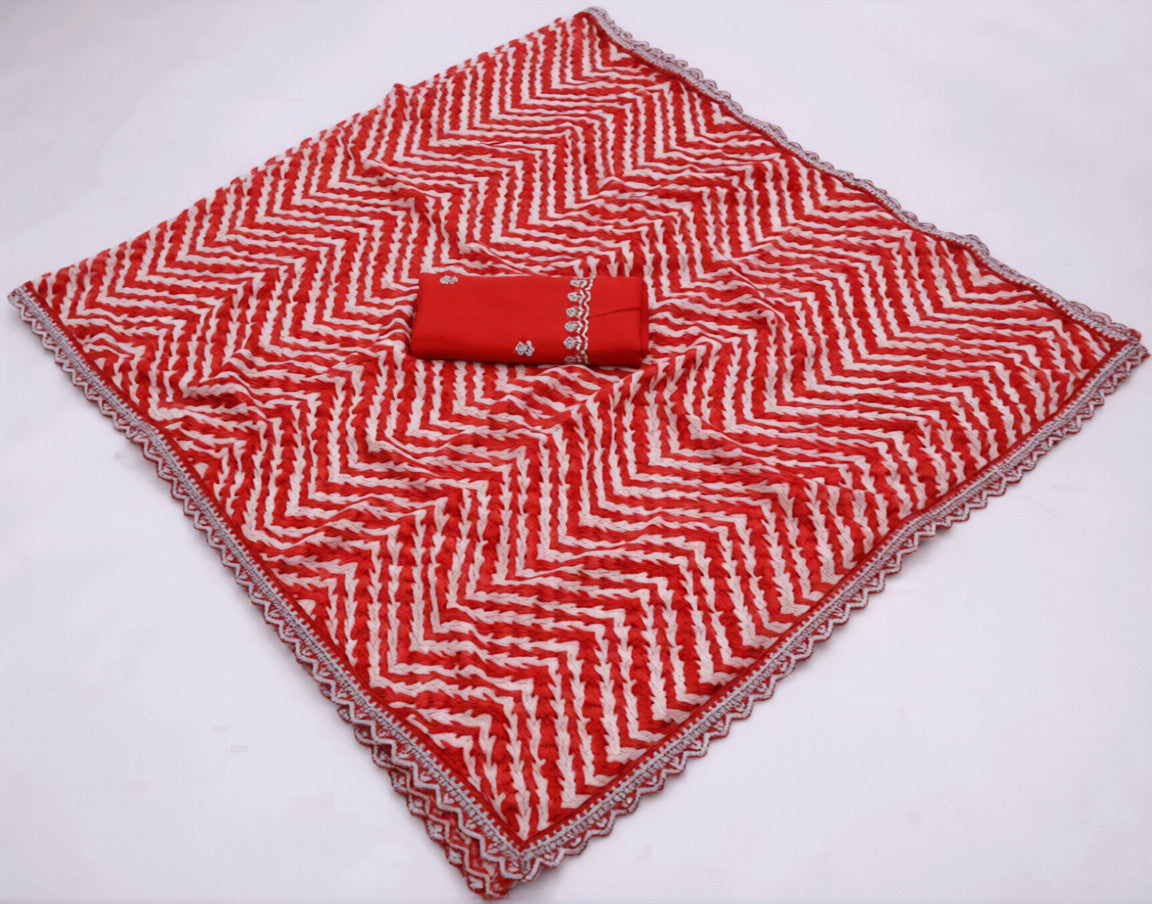 HerLuxe Chevron Print Chiffon Saree with Designer Lace Border