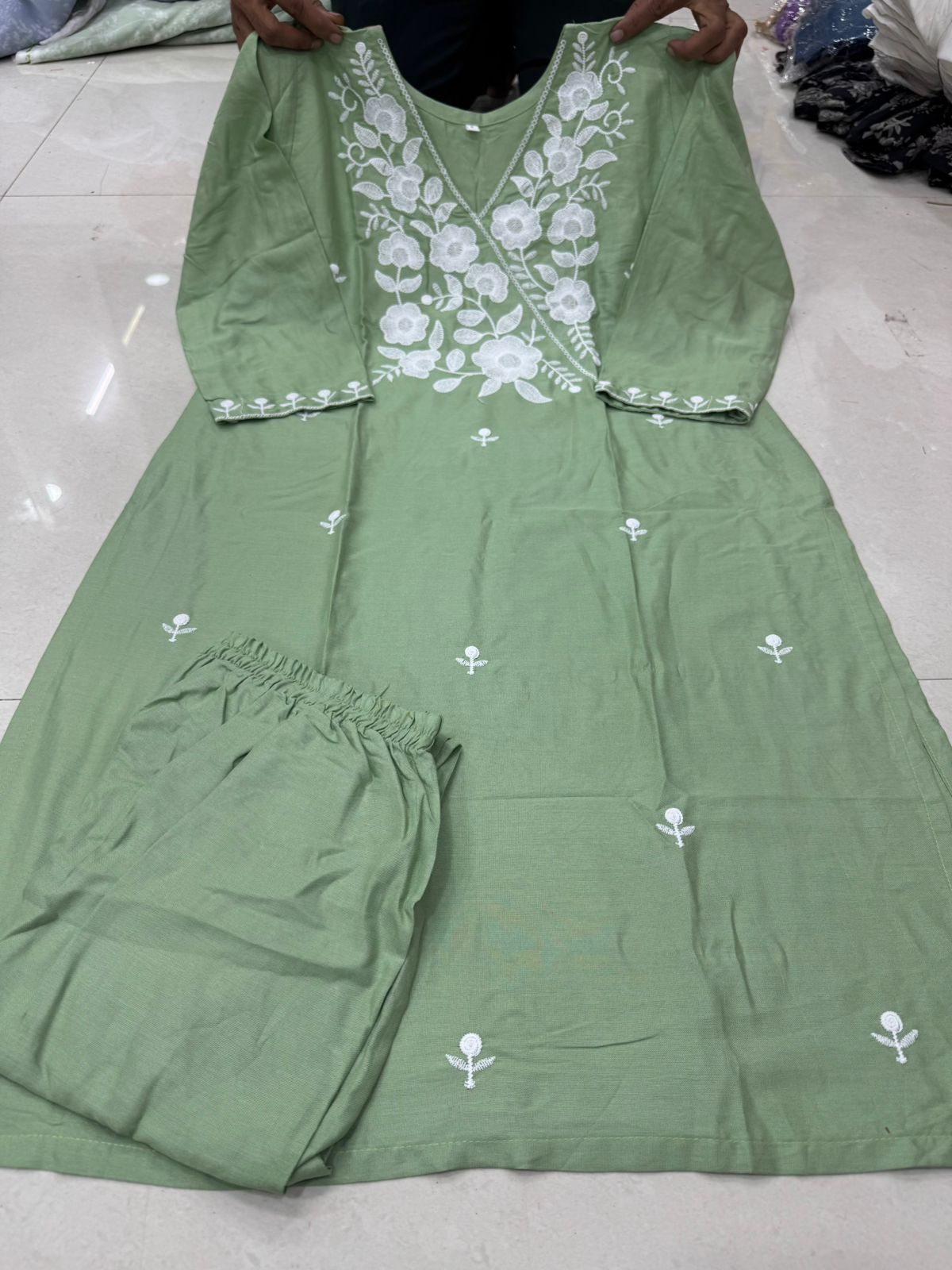 HerLuxe Lakhnavi Style Embroidered Rayon Kurti Pant Set