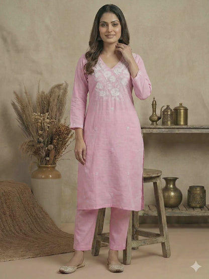HerLuxe Lakhnavi Style Embroidered Rayon Kurti Pant Set