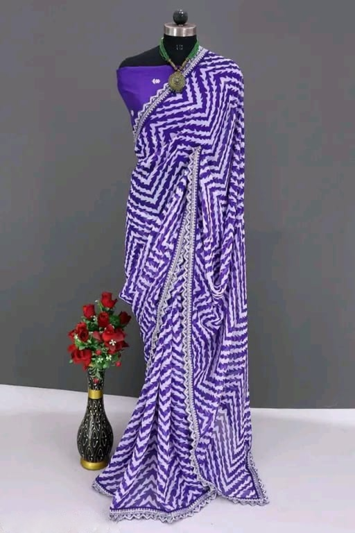 HerLuxe Chevron Print Chiffon Saree with Designer Lace Border