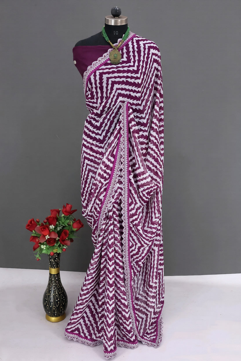 HerLuxe Chevron Print Chiffon Saree with Designer Lace Border