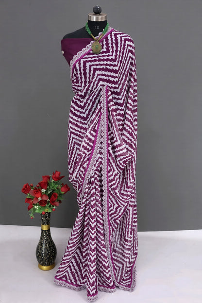HerLuxe Chevron Print Chiffon Saree with Designer Lace Border